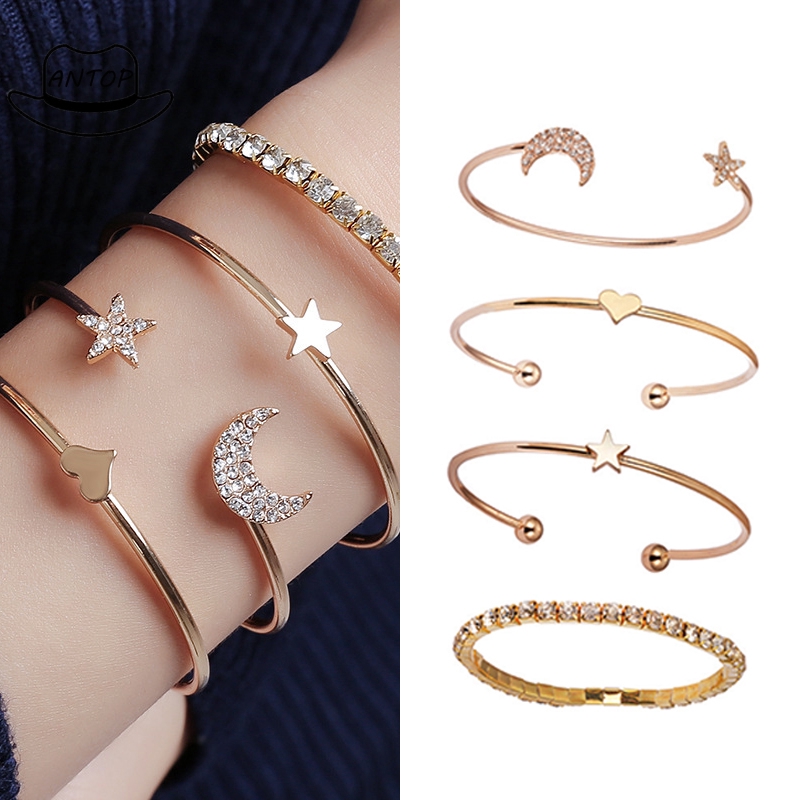 Antop！4Pcs/Set Gelang Dan Bergaya Bintang Dan Bulan Bertatahkan Jantung Persik Fashion Bracelet