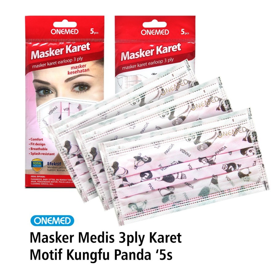 Masker Medis 3ply Karet OneMed Motif Kungfu Panda isi 5pcs OJ OJ