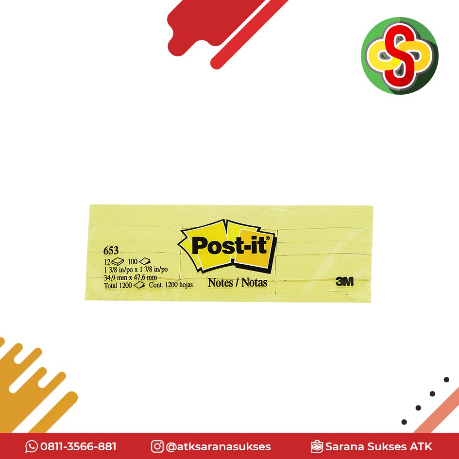 Post-it / Sticky Notes 3M 653 Kuning Isi 12 pads