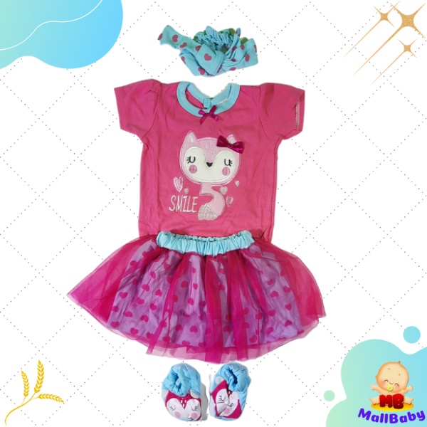 Baju Bayi Perempuan 0 3 6 9 12 Bulan Setelan Jumper Set Rok Bandana Bayi Lucu FOx Smile