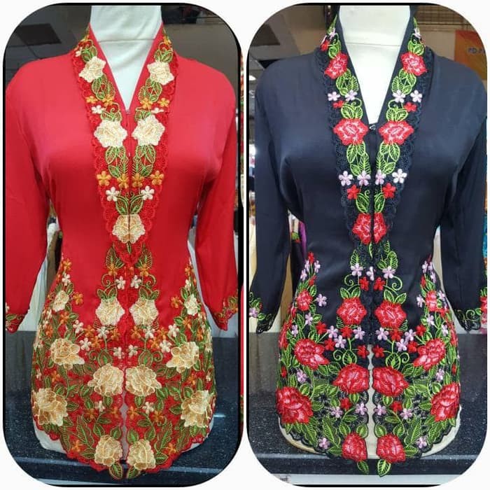 kebaya encim modern hitam dan merah - Merah Panjang, XXL-XXXXL
