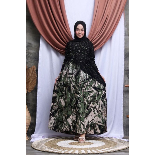 Gamis twill pelangi/gamis syari /gamis Rayon super abstrak malaman ukuran S M L XL XXL-Hijau army