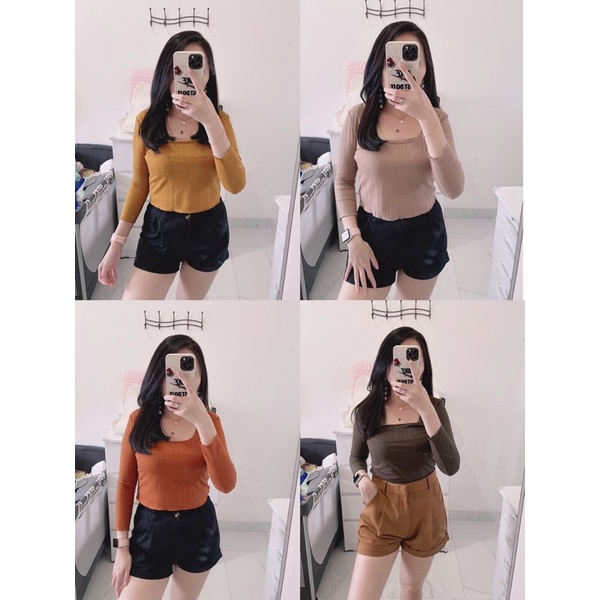 jisu croptop lengan 3/4.croptop polos wanita import murah,croptop kerah square/ kotak lengan 3/4 cwe,korean croptop murah