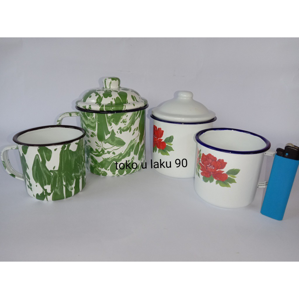 PAKET CANGKIR 8CM BUNGA-BUNGA+TUTUP, MUG 9CM+TUTUP DAN CANGKIR ENAMEL 7CM LURIK/BLIRIK/JADUL,