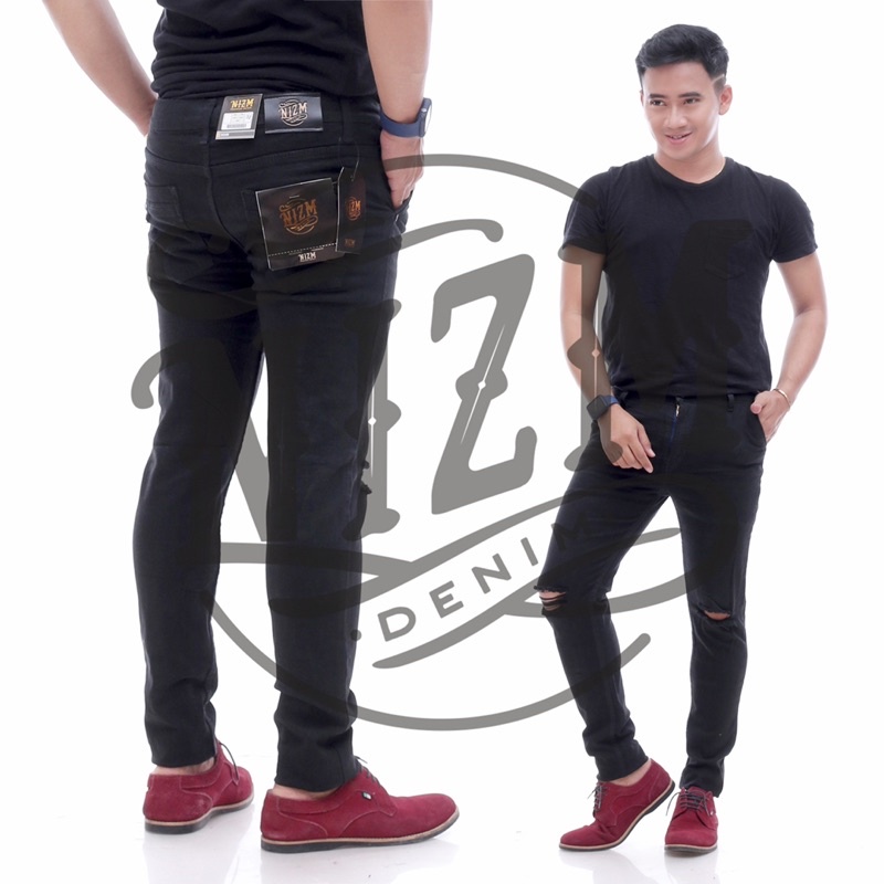 NIZMDENIM CELANA JEANS HITAM PRIA SOBEK LUTUT RIPPED JEANS SLIMFIT / MELAR MURAH