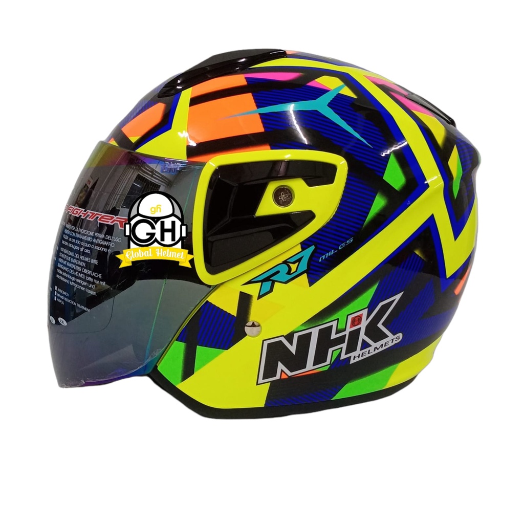 Helm NHK R7 Aurora Yellow Flo Half Face Single Visor Rainbow - Helem Motor SNI DOT Touring Dewasa Pria Wanita Cewek Cowok Helmet Keren Terbaru Original