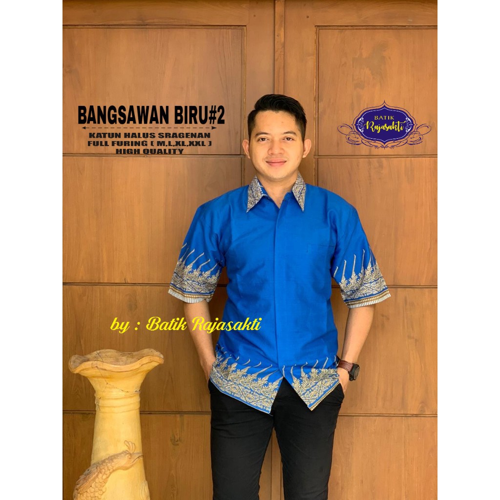 BANGSAWAN BIRU RAJASAKTI KEMEJA BATIK SOLO PRIA LENGAN PENDEK LAPIS FURING ATASAN BATIK PREMIUM MODERN KATUN HALUS BAHUWIRYA  BANAMITRA BANAMITRA PUTIH BANGSAWAN BAYU PUTRA BERLIAN BIRU BHARATAYUDA BIMASENA BIRENDRA BIRU INDAH BRAHMAKERTA BRAHMAKERTA