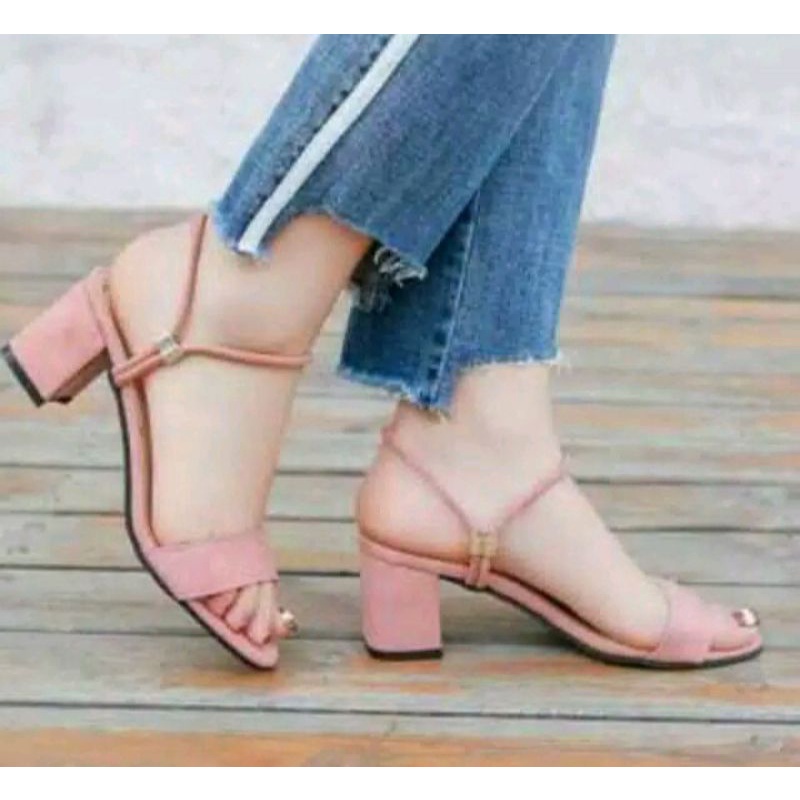 Sandal heels wanita tali bludru 5cm