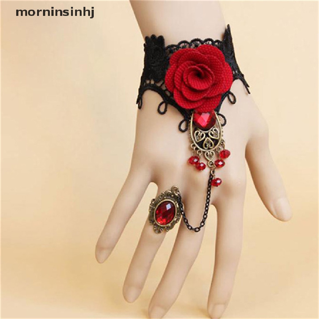 Mornin Gelang Lace Bunga Mawar Merah Gothic Elegan Adjustable Untuk Wanita