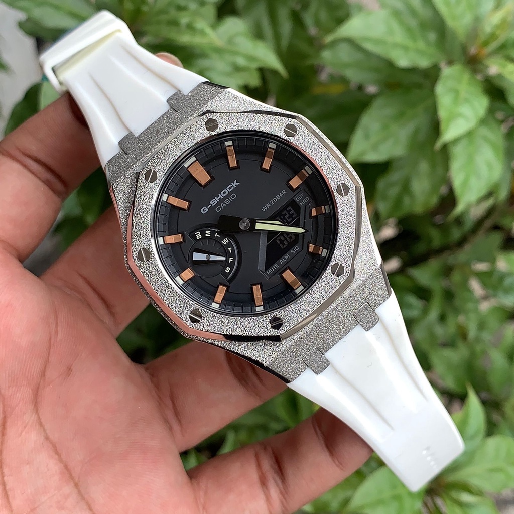 Casioak Gshock GA 2100 Rosegold Dial Diamond Silver Rubber White 44mm