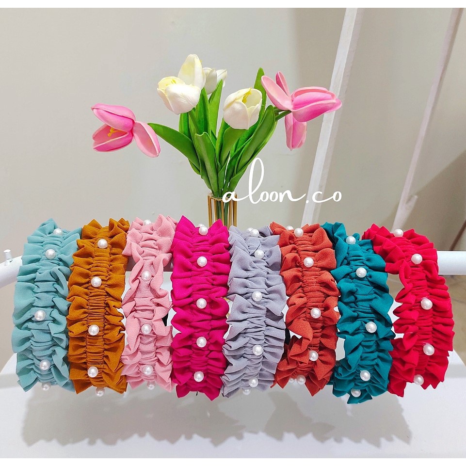 Bando Scrunchie Ruffle Mutiara – Bando Korea Diamond Viral – Bondu Rambut Wanita