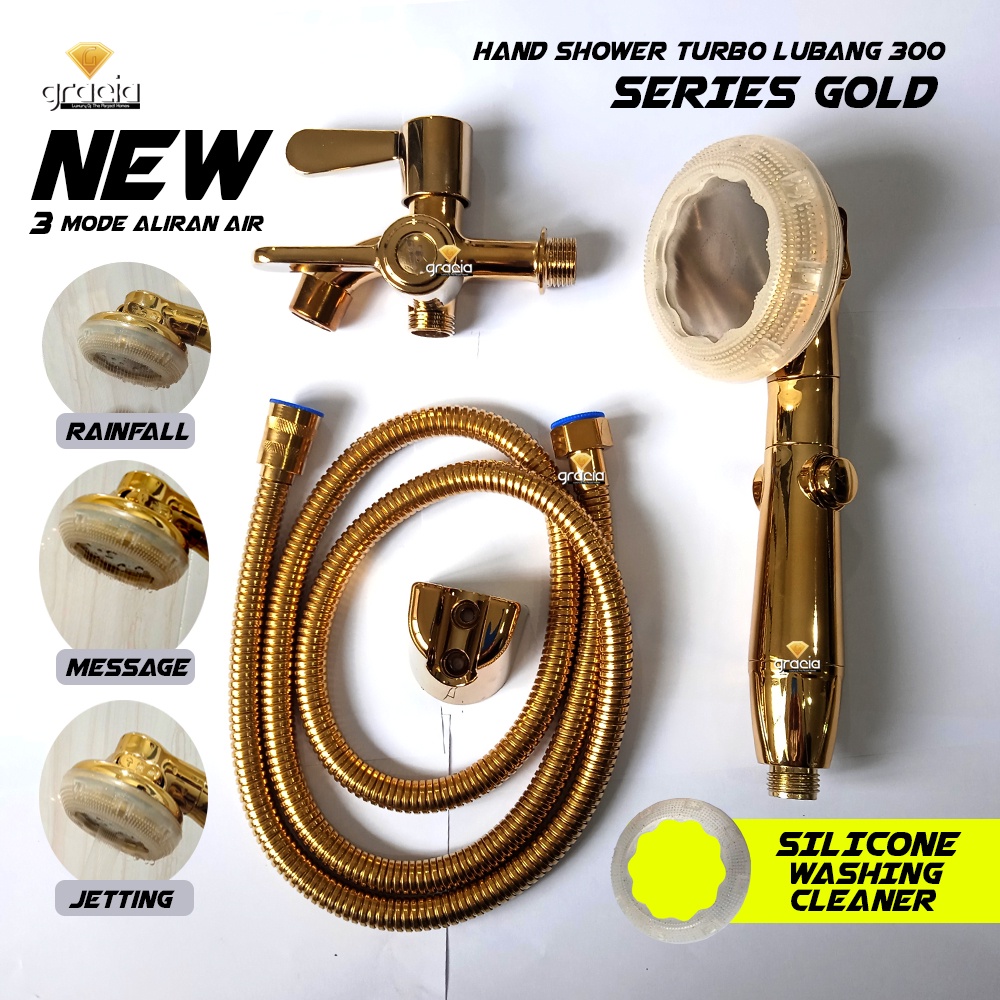 Set Shower Kamar Mandi High Quality Gold Hand Shower Elegan Mewah Hand Shower Gold Kran Cabang 1/2 inch / Shower Turbo Lubang 300