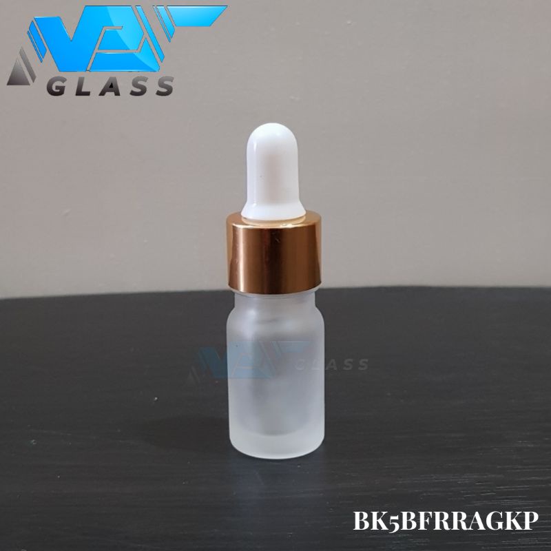 botol kaca pipet 5ml tebal bening doff / frosted - ring almunium gold