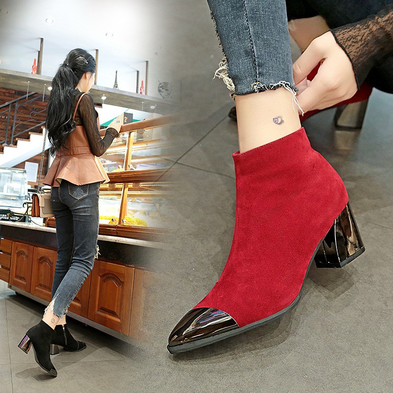 Sepatu heels boots wanita musim dingin boots lancip