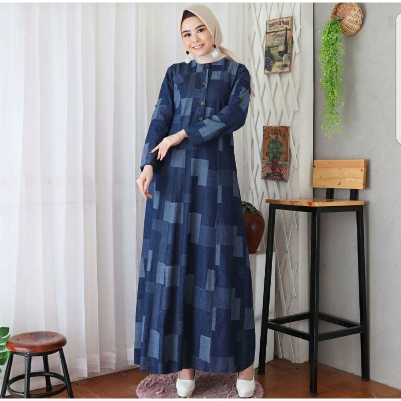 Dilla Jeans Maxy, GAMIS WANITA MUSLIM CANTIK FIT XL LD 104 BAHAN JEANS WASH IMPORT KANCING BUSUI OOTD