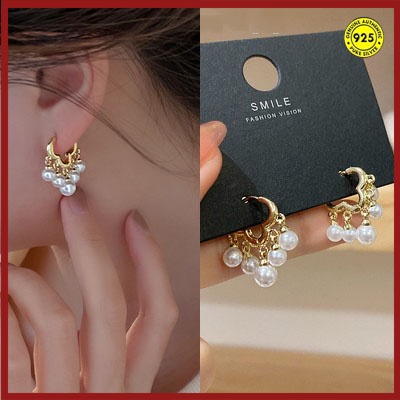 Anting Klip Telinga Lapis Emas 18K Hias Liontin Rumbai Mutiara Bahan Sterling Silver Anti Karat