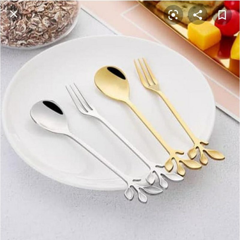 READY! Sendok Garpu Korea / Gold Silver Bentuk Daun / Tea Spoon Gold Daun / Sendok Dessert/ Souvenir