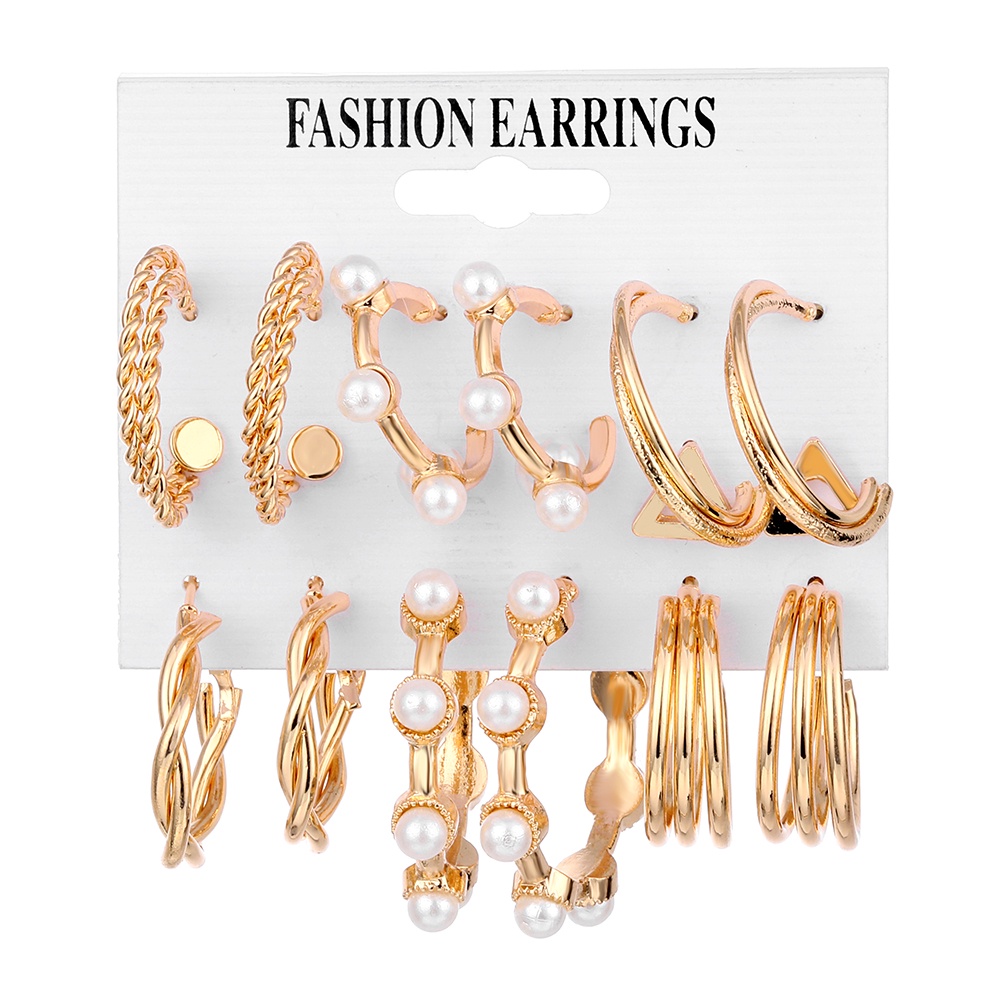 18pcs / Set Anting Hoop Mutiara Bentuk Lingkaran Geometris Bahan Logam Warna Emas Untuk Wanita