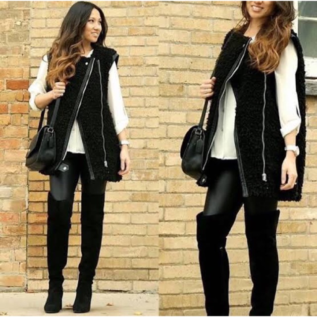 Zara Black Faux Fur Biker Waistcoat Jacket