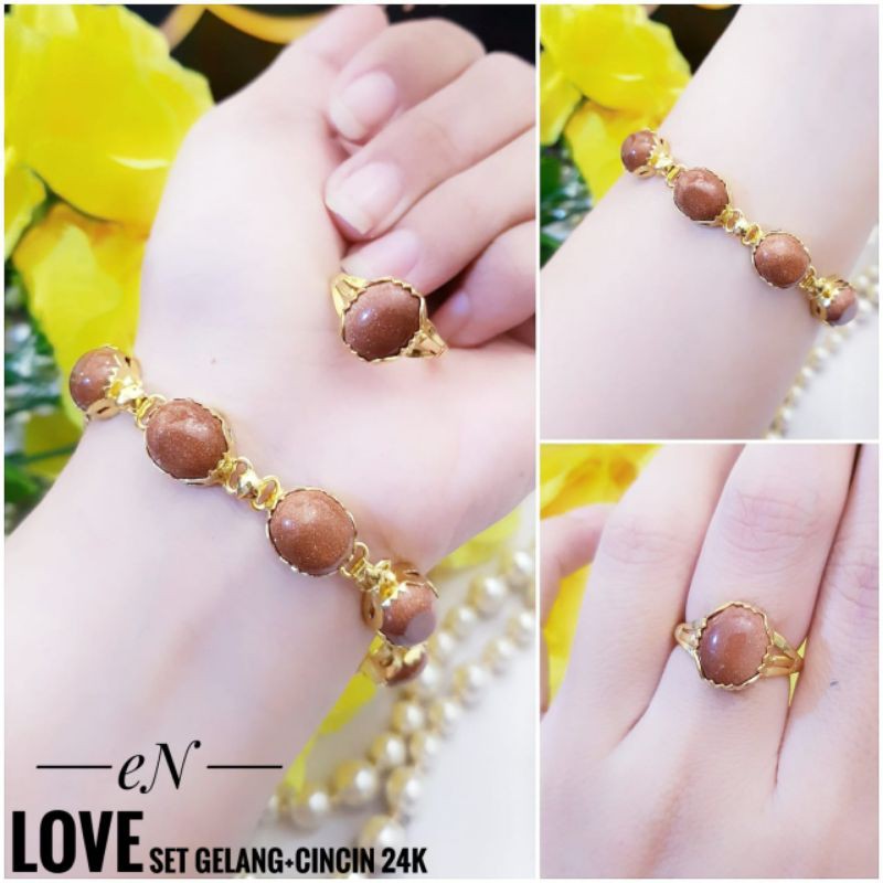 (JAN) Set Perhiasan Lapis Emas Xuping Gelang Cincin Batu Permata Giok Hijau Coklat Mewah Titanium