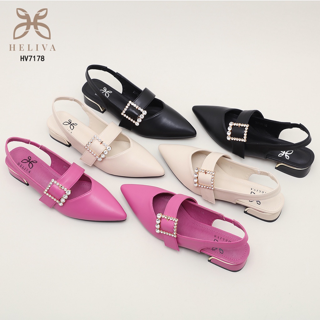 HELIVA NIKITA Sling Back Low Heels 3cm Sepatu Lancip Gesper Bahan Kulit HV7178 Original Brand