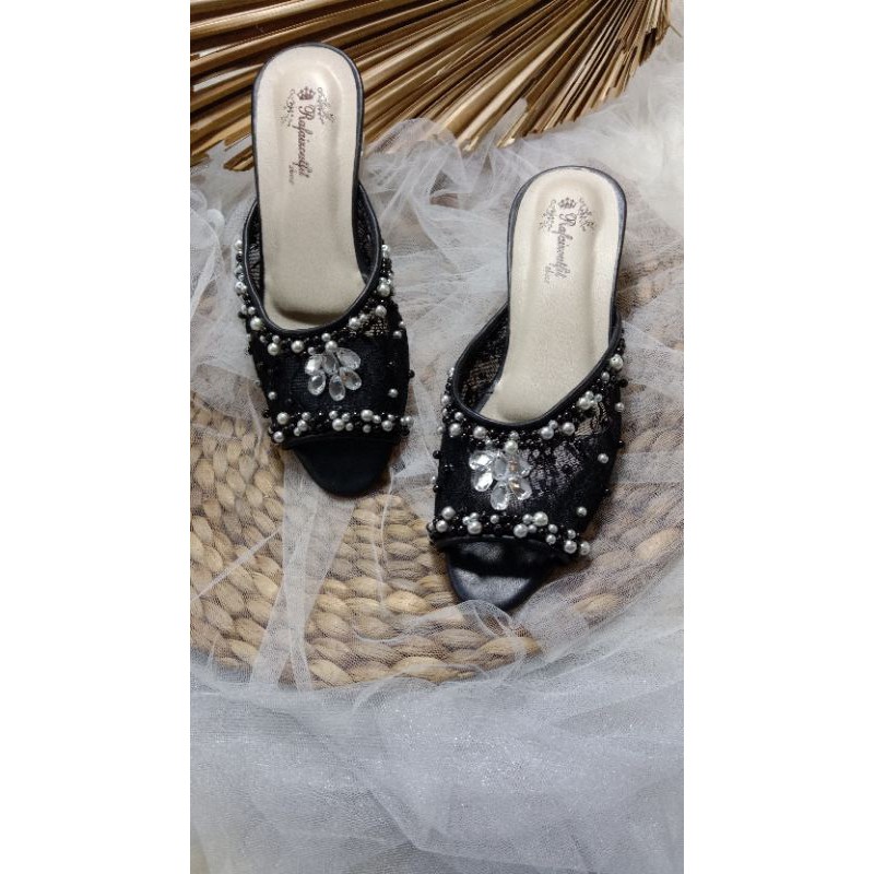 sepatu  Arsy wedding sepatu wedding hitam wanita cantik 3cm kaca