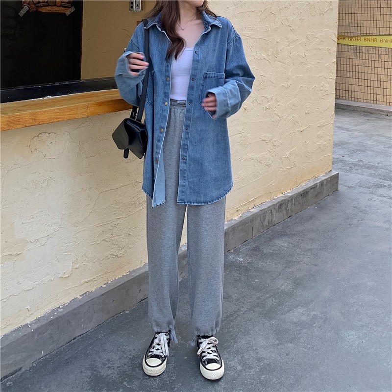 Korea style baru jaket kemeja denim atasan oversize denim wanita lengan panjang jaket atasan wanita