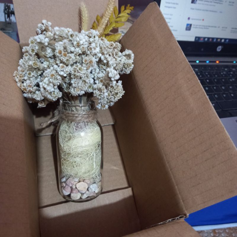 VAS BUNGA KACA TALI RAMI/BOTOL HIAS DEKORASI RUSTIC BUNGA KERING free ucapan untu kado dan pajangan