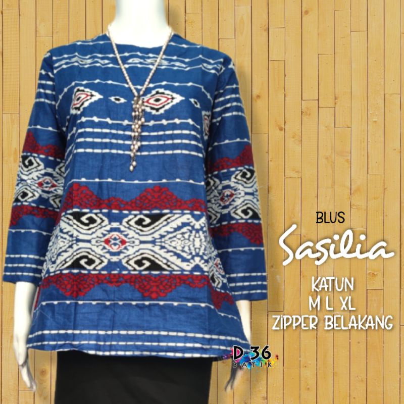 Blus Blouse Sasilia Baju Atasan batik katun adem wanita remaja putri kerja kasual kantor sekolah kuliah party modern kekinian terbaru 2021-Biru