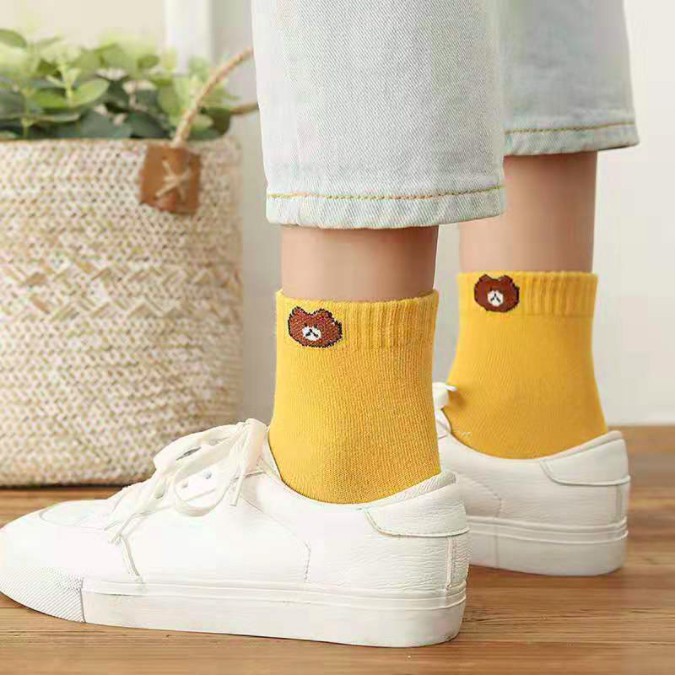 DuaWarna Kaos Kaki Ankle Beruang Kaos Kaki Pendek Semata Kaki Motif Brown Line Unisex AC001-7