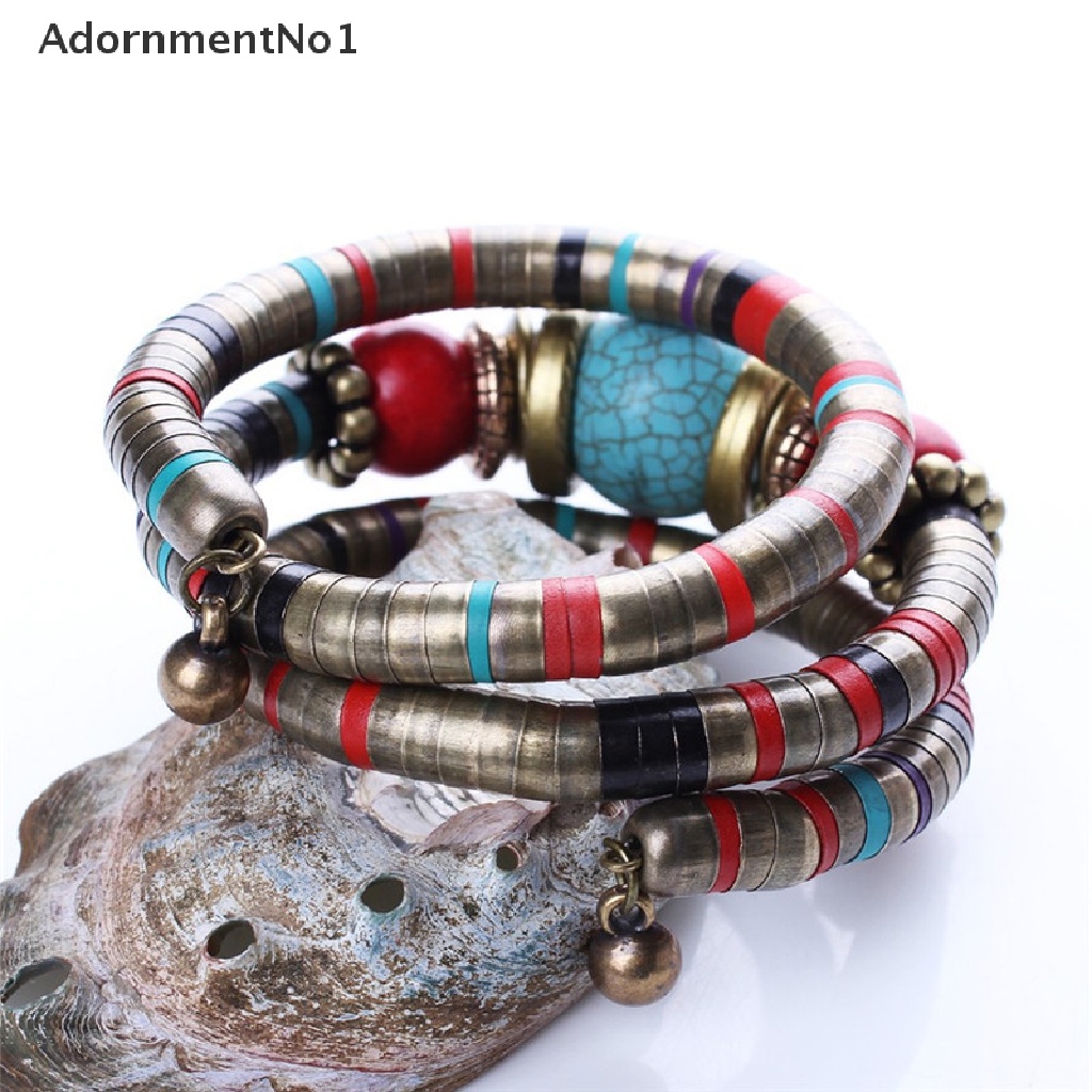 (AdornmentNo1) Gelang Bangle Silver Hias Manik-Manik Turquoise Imitasi Gaya Boho Untuk Wanita