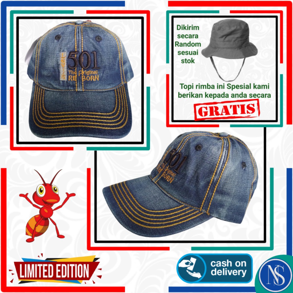 Topi Jeans Pria Levis Cowo Cowok Murah Bordir Gratis Topi Rimba