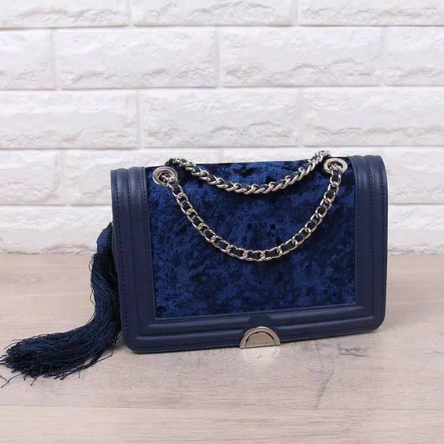 PO Pedro Velvet Tassel Chain Sling Bag ORI ORIGINAL PREMIUM IMPOR TAS PESTA BLUDRU BULU RANTAI BIRU