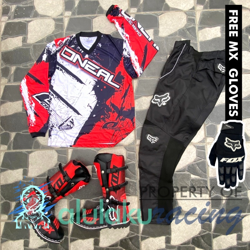 Jersey, Celana, Sarung Tangan &amp; Sepatu Fullprint with Protectors Fullset MX Trail Motocross - Paket Bundling ONCTFG010103-F41