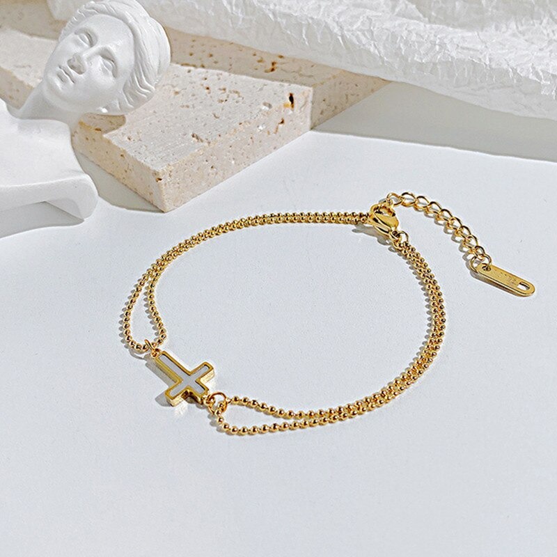 ALPHA OMEGA - Gelang Salib Wanita Rantai Bulat Cantik Elegan Titanium