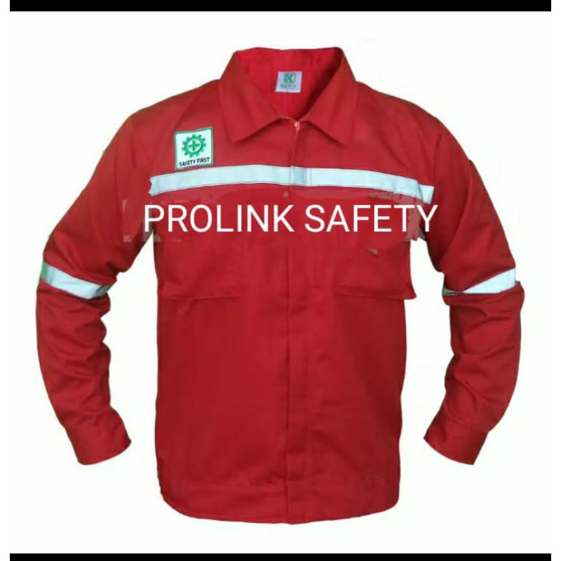 SERAGAM SAFETY RESLETING KAIN DRILL ATASAN MERAH HSE FREE LOGO K4 BENDERA