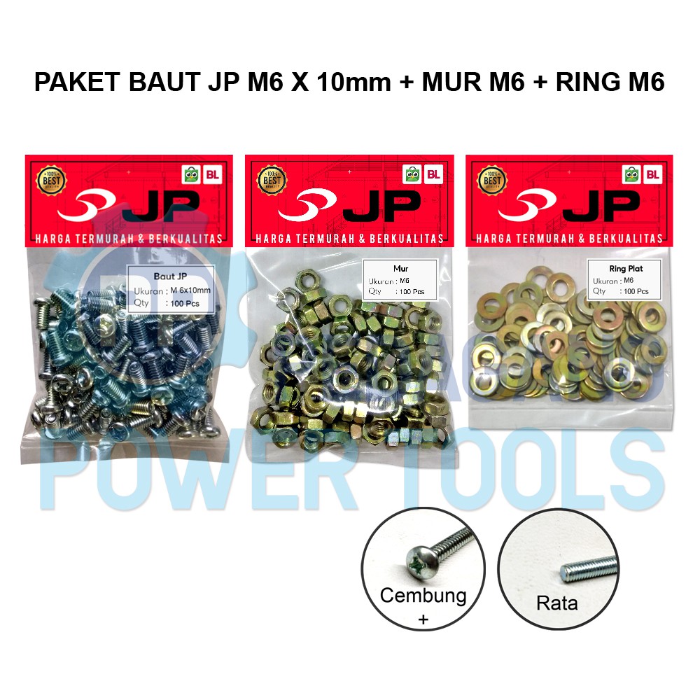 PAKET 3 SET JP M 6x10 BAUT MUR RING PLAT M 6 x 10 MUR M6 ISI 100 PCS