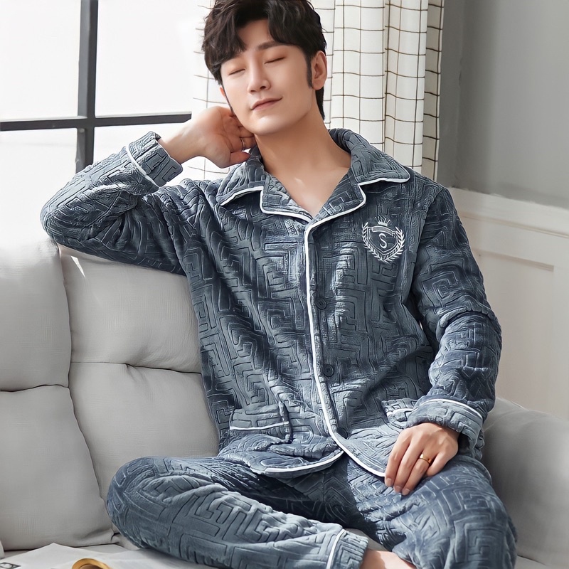 Men pajamas winter import baju tidur musim dingin piyama set cowok hangat atasan dan bawahan big size