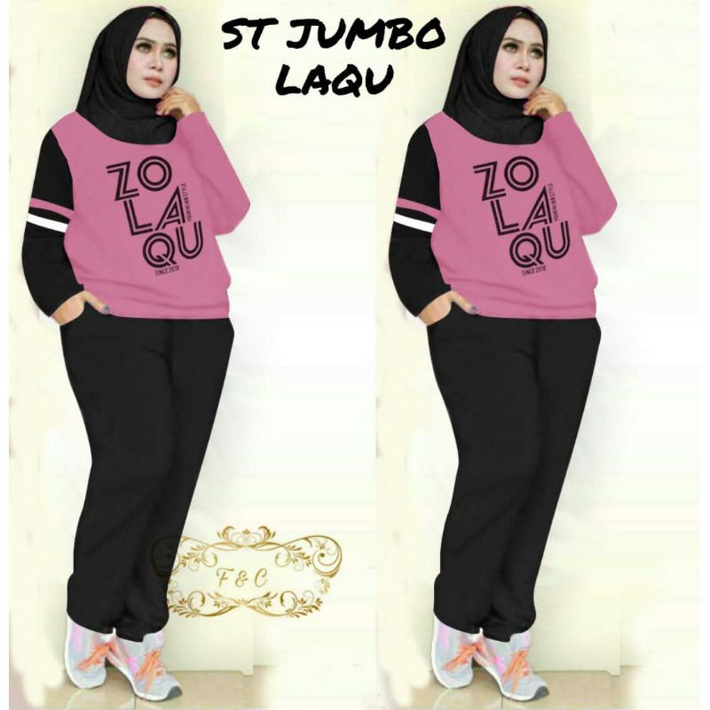 SET LAQU JUMBO FASHION PAKAIAN WANITA SETELAN ATASAN DAN CELANA TRAINING ZOLU BIGSIZE FEHM