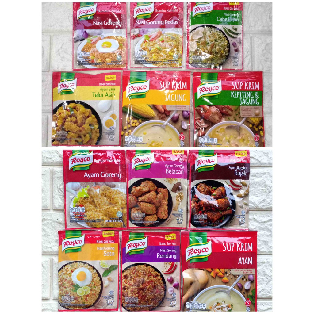 

Royco Bumbu Komplit Nasi Goreng Rendang Cabe Hijau Ayam Belacan Telur Asin Sup Krim Jagung Kepiting