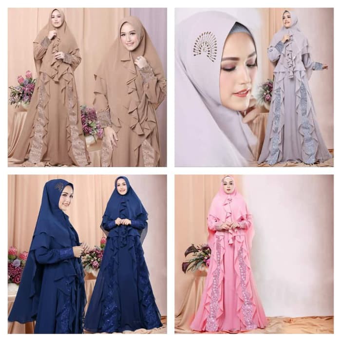 GAMIS SYARI JUMBO TERRY HM BAHAN MOSSCREPE KOMBI BROKAT IMPORT - abu