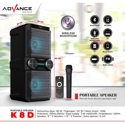 Speaker Advance K8D meeting 8 inch double + Mic Wireless suara mantap