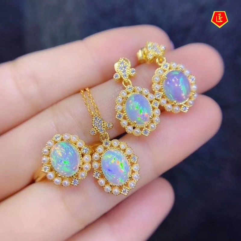 [Ready Stock]Natural Opal Ring Luxury Colored Gems Necklace and Earring Suit