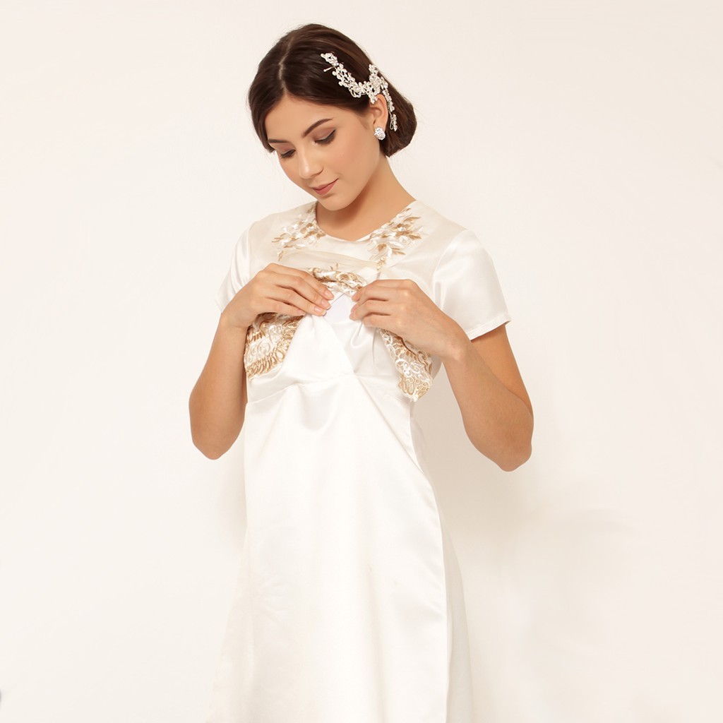 Calendula Nursing Dress, Dress Menyusui, White or Silver, Lengan Pendek atau Panjang, by Baju Island