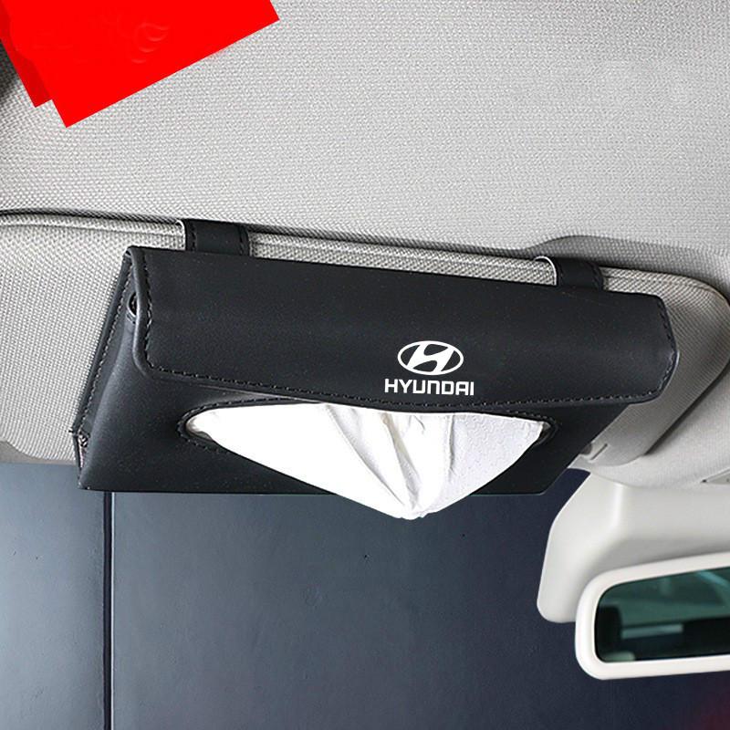 Kualitas Tinggi Universal Pelindung Matahari Mobil Tissue Box Holder PU Kulit Kotak Tisu Cover Case Aksesoris untuk Hyundai Logo Ioniq Hybrid Elantra Tucson Reina Santa fe Kona Accent