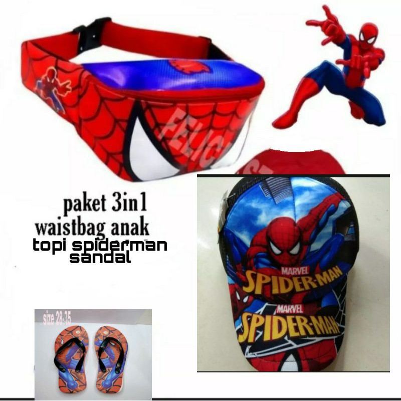 3in1 waistbag anak spiderman+topi+sandal spiderman