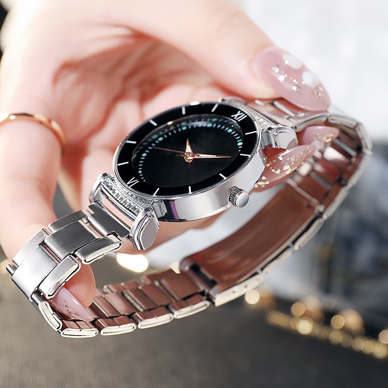 Jam Tangan Quartz Luminous Strap Stainless Steel Warna Silver Casual Fashion Untuk Wanita