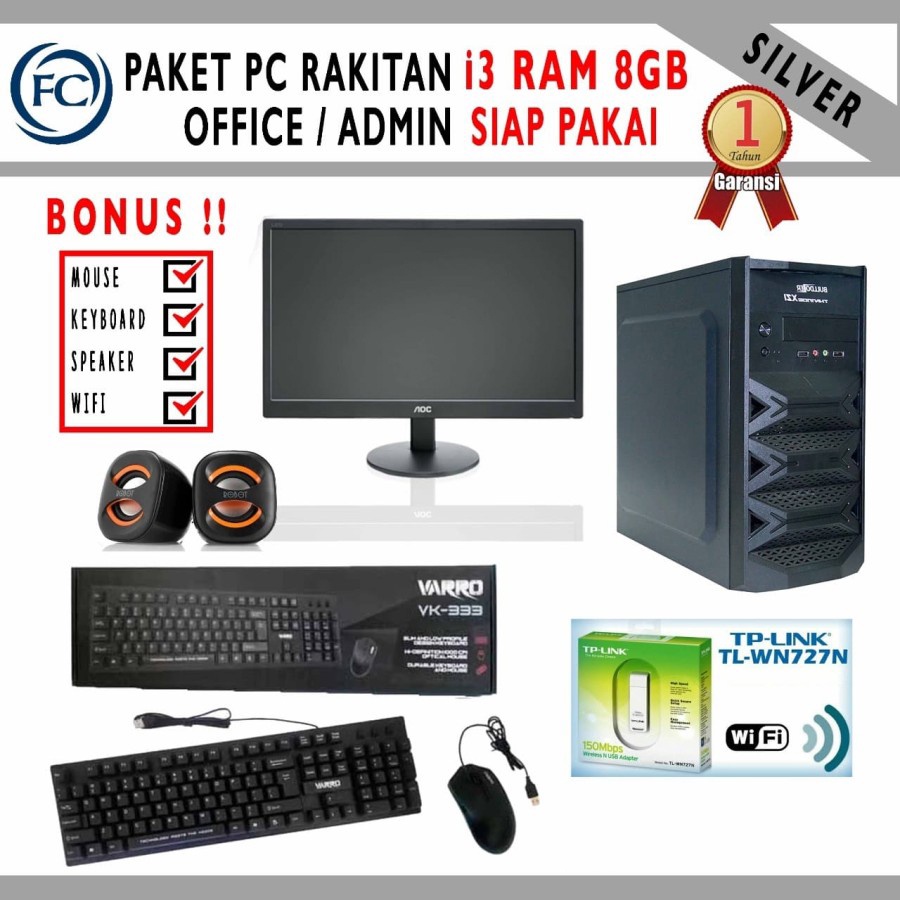 PC Office i3 RAM 8GB (Silver) Siap pakai include monitor dan aksesoris