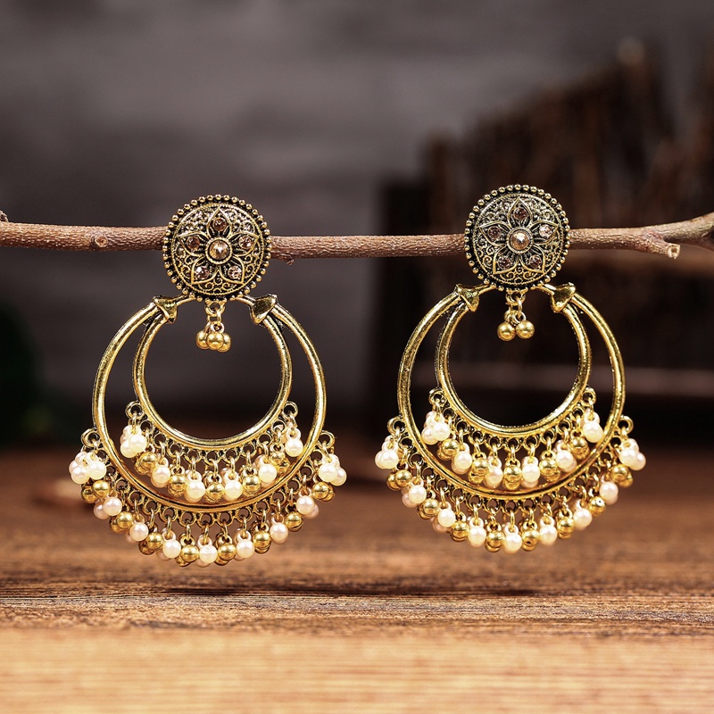 Anting Rumbai Manik-Manik Mutiara Bentuk Bulat Warna Silver Gaya Retro Indian Jhumka Untuk Wanita