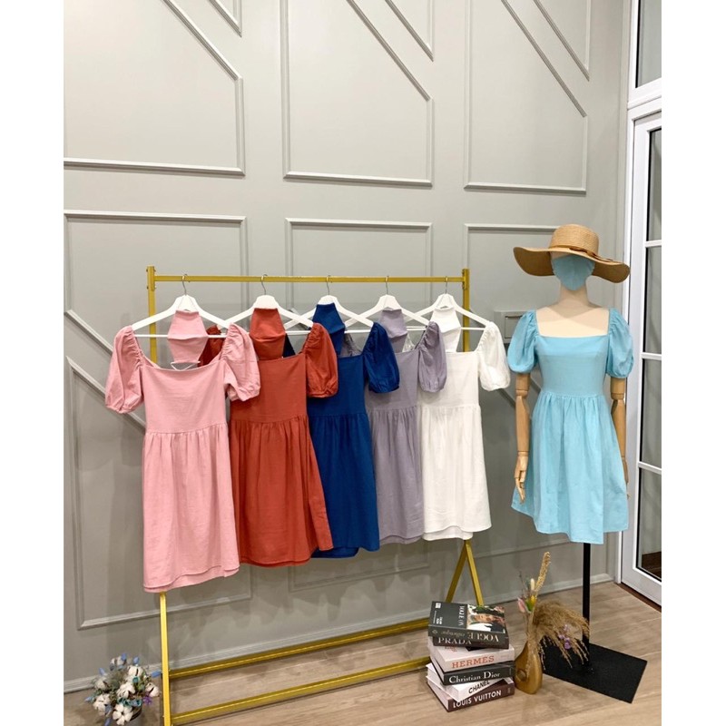 22069 Picnic Tied back Linen Dress/Linen baby doll dress